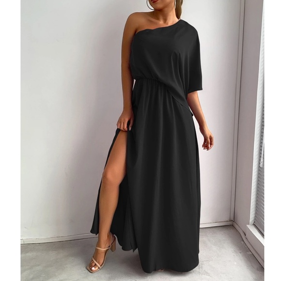 Luxe Black One Shoulder Solid Party Wedding Prom Dress - Picture 2 of 5